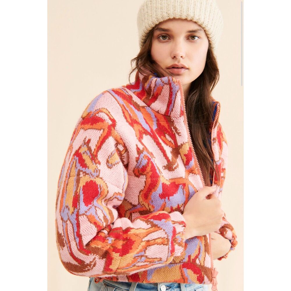 Farm Rio Rose Wild Horses Tricot Reversible Puffer Jacket